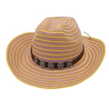 Detail of striped woven straw cowboy hat featuring brown leather band and ethnic stone studs - One Size(56-58cm) / Yellow Purple Stripes (With Windproof Rope)