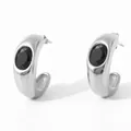 Silver C-shaped stainless steel earrings featuring a central oval black gemstone - Silver Base Black Stone (PDE907)