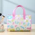 Translucent pink PVC makeup bag with SIDIFU lettering and durable top handle - Purple Letters (Cylindrical Large)