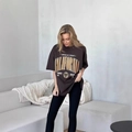 Oversized καφέ βαμβακερό T-shirt με τύπωμα California και μαύρο κολάν - S / Μαύρο
