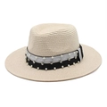 Classic beige straw boater hat with pearl and rhinestone band for women's sun protection - M(56-58cm) / Rice Pink
