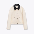 Giacca da donna in ecopelle bianco sporco con colletto nero e bottoni metallici - XS / Beige Nero Contrasto