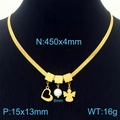 Gold snake chain necklace with heart, angel pendant and 8mm pearl on black mannequin - Heart Pearl Angel Necklace (KN233832)