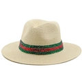 Natural beige straw Panama hat with green and red rhinestone decorative band - M (56-58cm) / Beige / Red-Green Rhinestones