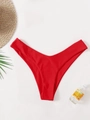 Solid red V-cut low-waisted bikini bottom with high elasticity fabric for summer beachwear - Red
