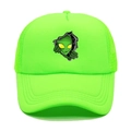 Detailed view of neon green trucker hat with alien print and breathable mesh fabric - M (56-58cm) / Fluorescent Green