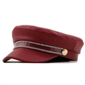 Chic burgundy faux leather flat top navy hat with rhinestone straps and gold buckle - Burgundy