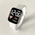 Square LED digital watch with white silicone strap showing heart rate and steps tracking - White