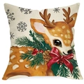 Kissenbezug zu Weihnachten mit niedlichem Hirsch, roter Schleife und Tannenzweigen - 45*45cm Leinen Einseitig Ohne Füllung / Elchmuster