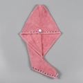 Pink coral fleece hair drying towel with microfiber texture and button closure - Deep Pink with Binding
