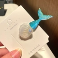 Mermaid seashell hair clip with blue gradient fish tail and pearls on white card - 12# Shell Mermaid Tail - White