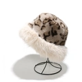 Detail of leopard print faux fur winter hat featuring thick white plush trim on edge - M / White Plush Brim Leopard