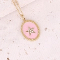 Close-up of golden star necklace with pink enamel oval pendant and zircon stone - Pink Enamel Gold Star Oval Style (9#)