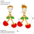 Detail showing red cherry earrings dimensions 25x16mm in 18k gold plated stainless steel - Cherry Shape (SE892G)