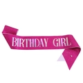 Pink glitter non-woven fabric sash with holographic Birthday Girl text and pin - One Size / Holographic Rose Red