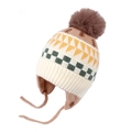 Beige knit earflap hat for kids featuring green checkers, yellow triangles and brown pompom - Jacquard Little Tree / Cream