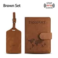 Brown PU leather passport holder and luggage tag set with RFID blocking and map design - Magnetic Brown Travel Set / Brown