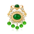 Vintage gold brooch with green gemstones and peacock motif featuring dangling beads - Court Style Gold Peacock Green Gemstone Dangle (DW0204)
