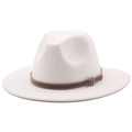 Detail of white fedora hat with brown leather band and metallic buckle closure - M (56-58cm) / Pure White