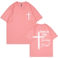 Short sleeve salmon pink cotton T-shirt featuring white cross print on front and back - Light Pink