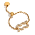 Anello Acquario regolabile placcato oro 18K con simbolo a onda e zirconi incastonati - Anello Zodiacale Regolabile-Acquario / Oro