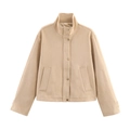 Damen Vintage-Jacke aus Wildlederimitat in Beige mit Stehkragen und Frontknöpfen - XS / Aprikose