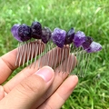 Handmade silver hair comb with natural purple amethyst raw stones for women - Deep Amethyst Silver Comb Silver Wire
