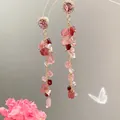 Detail of long tassel earrings with pink crystals, rhinestones and golden chains - 13# Gold Pink Gravel Tassel Style (Silver Earring Post)