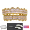 Hip hop style 14K gold plated double row grillz set with shiny zircon stones and tools - Gold Square Zircon