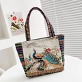 Ethnic peacock embroidery jacquard tote bag with vintage floral pattern and striped handle - Peacock