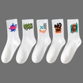 Five-pack of white cotton crew socks featuring vibrant street graffiti graphic prints - 5 Pairs (Styles 2, 10, 11, 12, 15)