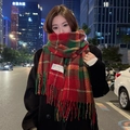 Red and green plaid Christmas snowman knitted scarf with handmade fringe and thick texture - GF Red Plaid