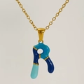 Dopamine style letter R pendant necklace in gold finish with blue enamel detailing - Blue Gradient Enamel Letter R