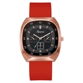 Square rose gold watch with red silicone strap and black dial featuring diamond accents - Red