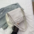 Minimalist white PU leather underarm bag with silver chain and leather shoulder strap - Off White