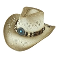 Straw western cowboy hat with turquoise bead band and intricate hollow weaving detail - Adult 58cm One Size / Off-white Hollow