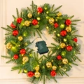Flocked Christmas wreath with green pine needles, red and gold balls, and warm LED lights - Timer Waterproof Battery Light (SYWT005)