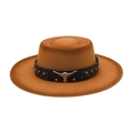 Brown wool felt flat top hat with wide brim, silver bull head emblem and leather band - Camel