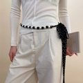 Detailed view of polka dot silk scarf belt with black and white pearl bead chain - Black and White Polka Dot Beaded Waist Chain