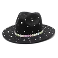 Elegant black woven jazz straw hat with faux pearls and rhinestones for outdoor sun protection - M (56-58cm) / Black