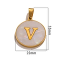 Golden round pendant with mother of pearl inlay and letter V charm 32mm by 22mm size - Gold V