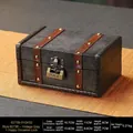 Vintage grey wooden storage box with leather straps and Chinese lock, size 16.7x11x8cm - Retro Gray + Xilinmen Lock