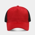 Detail of red faux suede front and black mesh panels on breathable trucker baseball cap - Adjustable / Solid Red