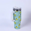 Detail of 40oz stainless steel tumbler with green leaf and flower patterns and handle - Fresh Floral Leaf/Green