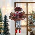 Detail of a Christmas snowman ornament with a wooden cloud plaque and knitted plaid hat - Snowman / 16*23cm