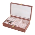Wooden jewelry box with glass lid, velvet lining and watch slots for rings and necklaces. - 4+2 Grid Watch and Jewelry Box / Red Pear Wood / Beige Inner