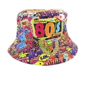 Close-up of retro 80s graffiti bucket hat with colorful hip-hop print and sharp details - HipHop 80s