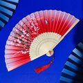 Bamboo folding fan with cherry blossom gradient red silk and long red tassel accessory - Red Pink Gradient Cherry Butterfly
