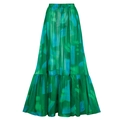 Détail de jupe longue à imprimé encre bleu-vert avec ourlet à volants et plis fins - Taille unique / Jupe longue de vacances
