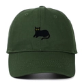 Close-up of black cat embroidery on dark green cotton twill baseball cap with yellow eyes - Adjustable / Army Green